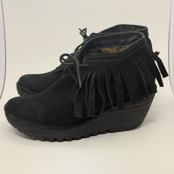 FLY LONDON Size 42 Yank Booties Wedge Heel Ankle Boots Black Suede FRINGE - Picture 3 of 6